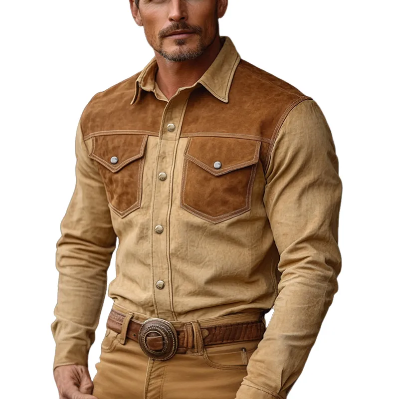 Men's Vintage Suede Paneled Slim Fit Long Sleeve Shirt 84582203U sold by Manly