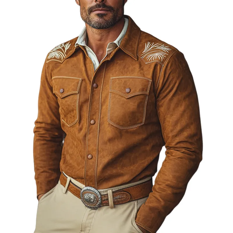 Men's Vintage Suede Embroidered Slim Fit Long Sleeve Shirt 33536094U sold by Manly