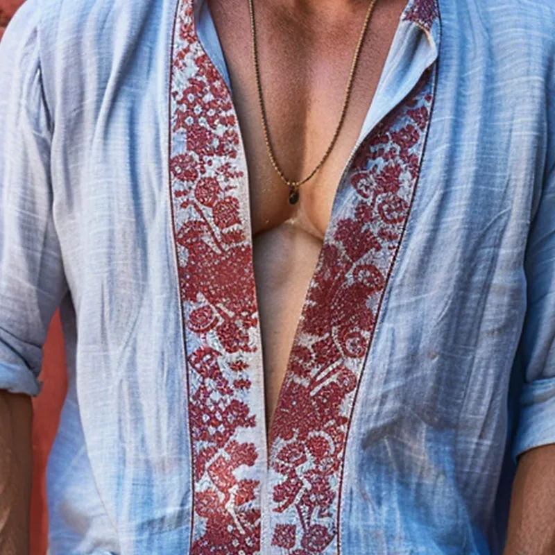 Men's stylish resort style long sleeve printed linen shirt 50500765P sold by Manly product image thumbnail 3