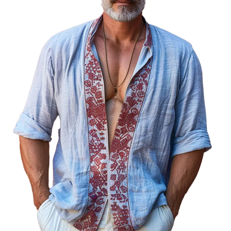 Men's stylish resort style long sleeve printed linen shirt 50500765P sold by Manly