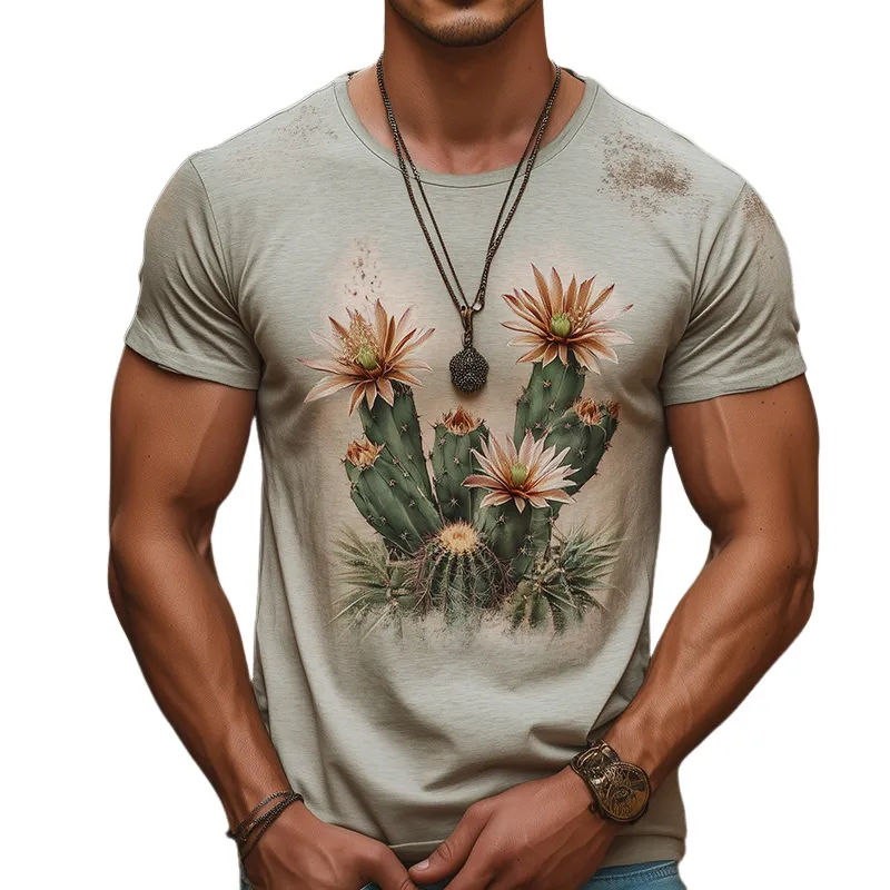 Men's Retro Western Cactus Print Casual Round Neck Short Sleeve T-Shirt 45833685TO sold by Manly