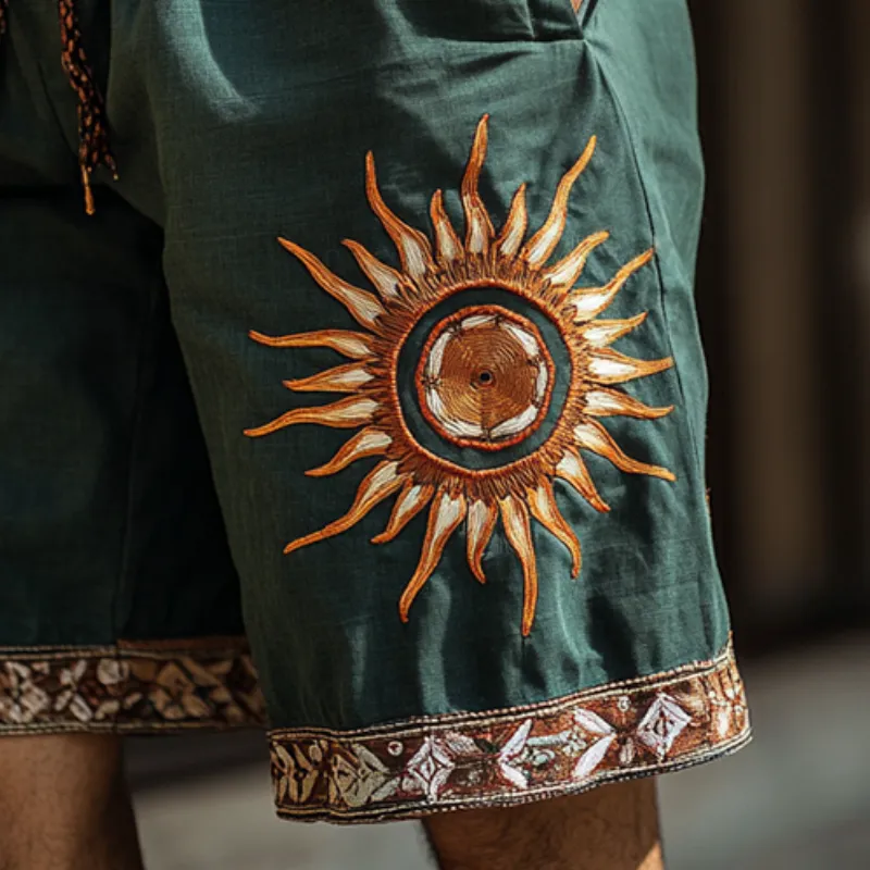 Men's Retro Ethnic Style Sun Embroidery Casual Linen Shorts 05475823TO sold by Manly product image thumbnail 3