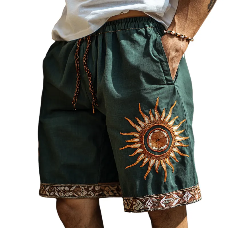 Men's Retro Ethnic Style Sun Embroidery Casual Linen Shorts 05475823TO sold by Manly