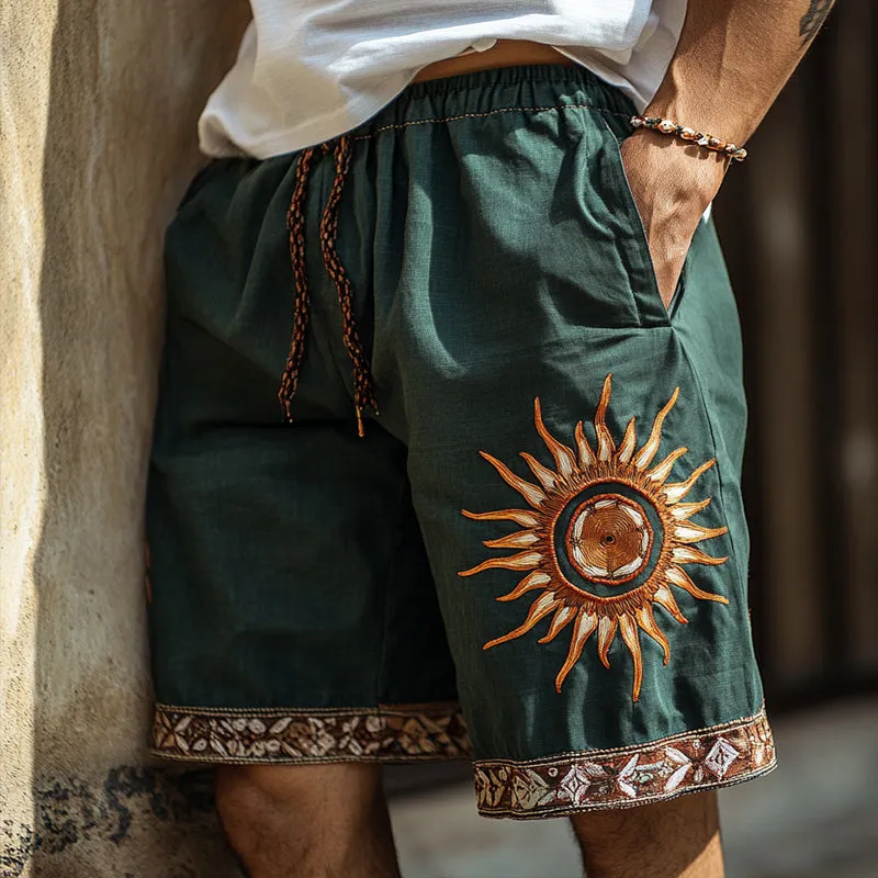 Men's Retro Ethnic Style Sun Embroidery Casual Linen Shorts 05475823TO sold by Manly product image thumbnail 2