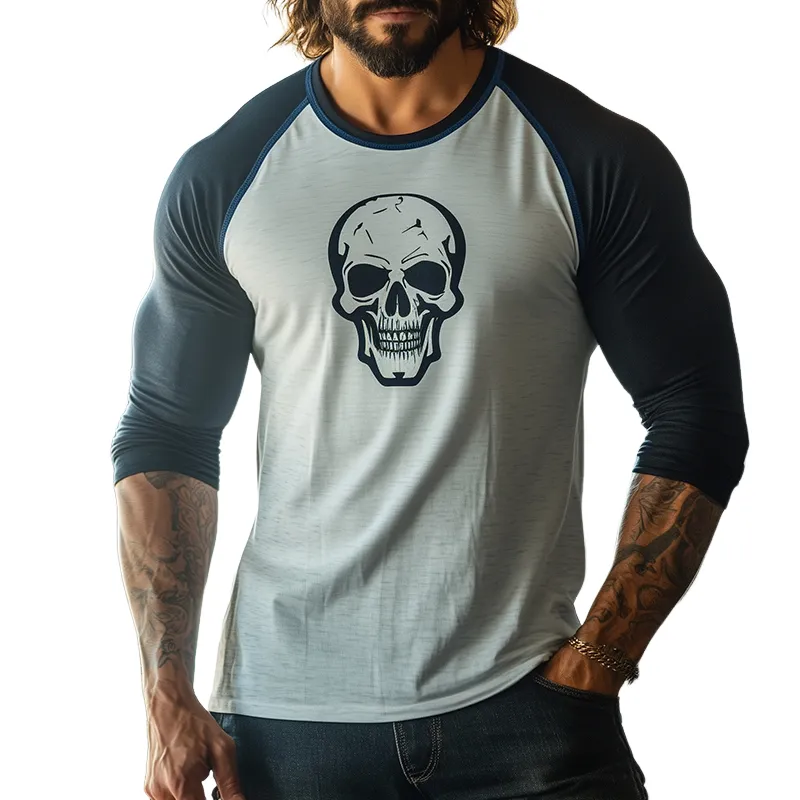 Men's Retro Skull Print Colorblock Casual Sports Round Neck Long Sleeve T-shirt 69706160TO sold by Manly