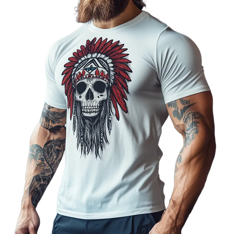 Men's Vintage Cotton Indian Skull Printed Casual Sports Round Neck Short Sleeve T-Shirt 50094979TO sold by Manly