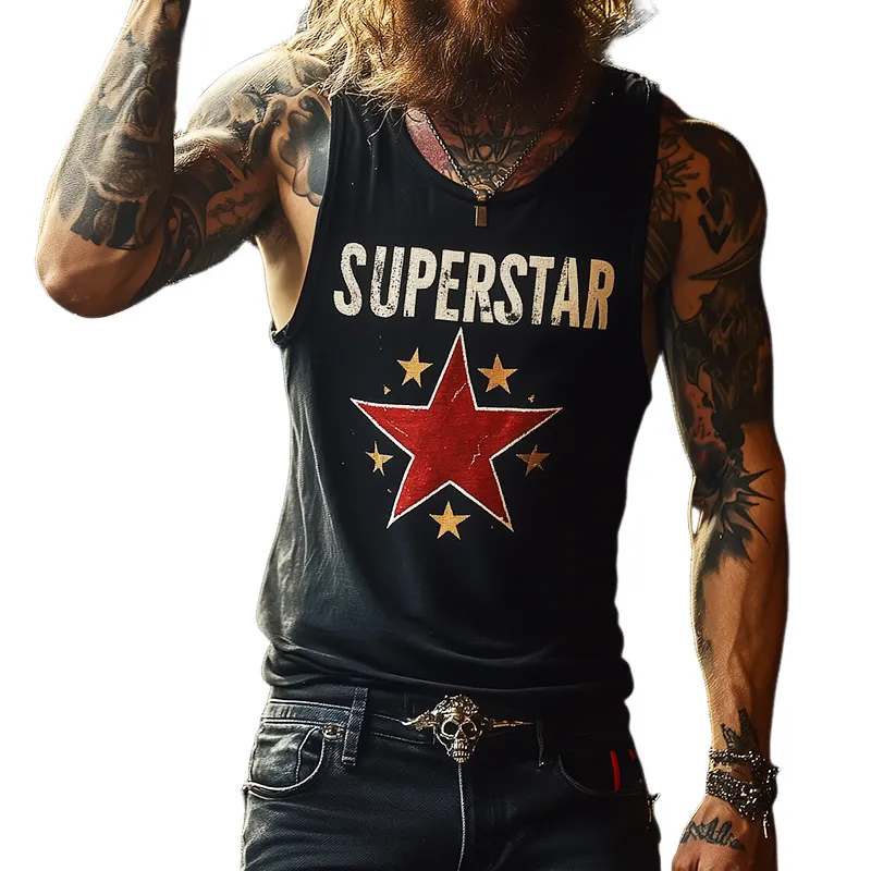 Men's Retro "SUPERSTAR" Print Casual Crew Neck Tank Top 06739045TO sold by Manly