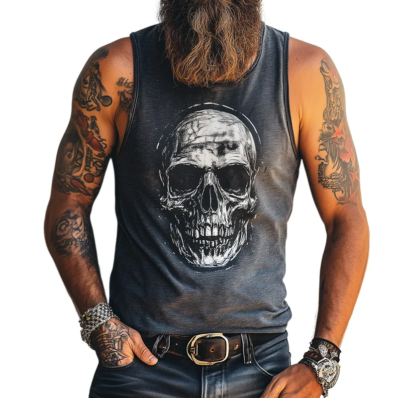 Men's Retro Skull Print Casual Rock Crew Neck Tank Top 26152071TO sold by Manly