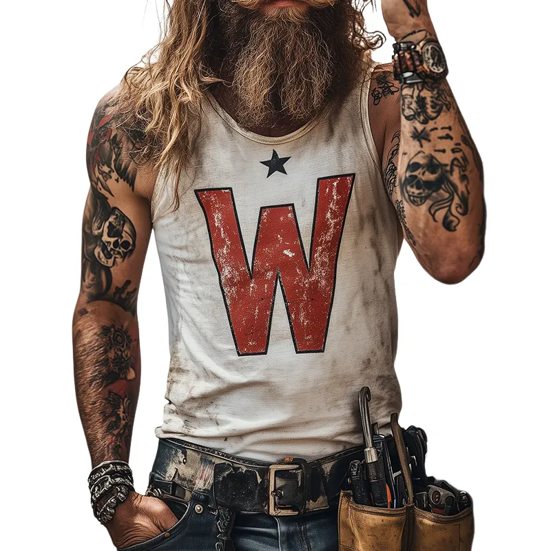 Men's Retro Rock 'WoW' Print Casual Crew Neck Tank Top 30684859TO sold by Manly