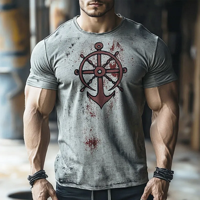 Men's Retro Nautical Anchor Print Casual Round Neck Short Sleeve T-Shirt 03423270TO sold by Manly product image thumbnail 2