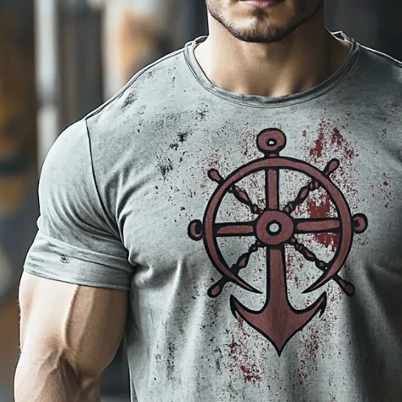 Men's Retro Nautical Anchor Print Casual Round Neck Short Sleeve T-Shirt 03423270TO sold by Manly product image thumbnail 3