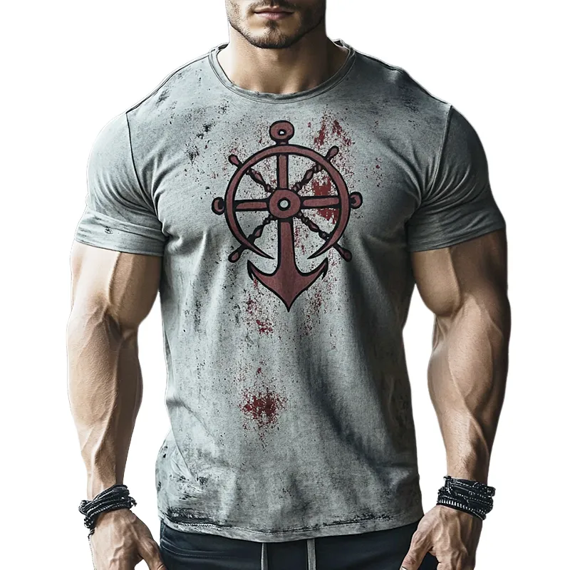 Men's Retro Nautical Anchor Print Casual Round Neck Short Sleeve T-Shirt 03423270TO sold by Manly