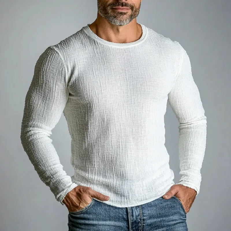 Men's Retro Linen Casual Solid Color Slightly Elastic Round Neck Long Sleeve T-Shirt 27765764TO sold by Manly product image thumbnail 2