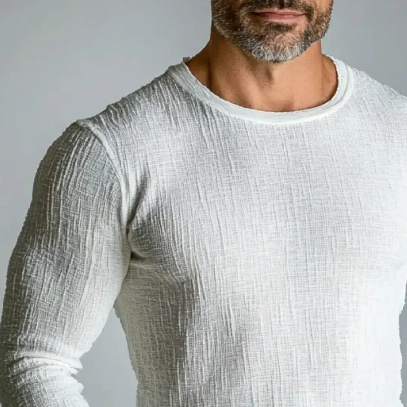 Men's Retro Linen Casual Solid Color Slightly Elastic Round Neck Long Sleeve T-Shirt 27765764TO sold by Manly product image thumbnail 3