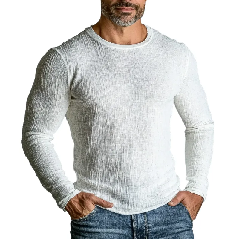 Men's Retro Linen Casual Solid Color Slightly Elastic Round Neck Long Sleeve T-Shirt 27765764TO sold by Manly