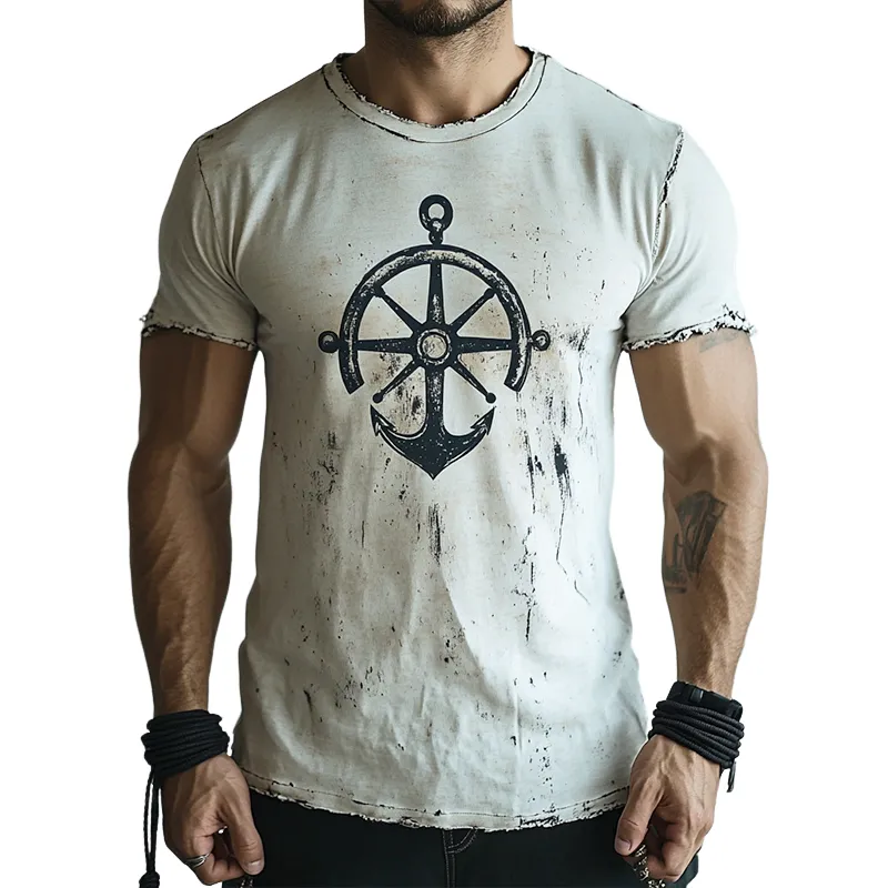 Men's Retro Nautical Anchor Print Casual Ripped Round Neck Short Sleeve T-Shirt 41928951TO sold by Manly