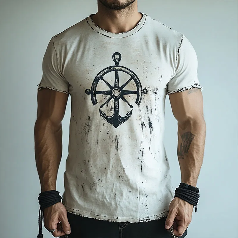 Men's Retro Nautical Anchor Print Casual Ripped Round Neck Short Sleeve T-Shirt 41928951TO sold by Manly product image thumbnail 2