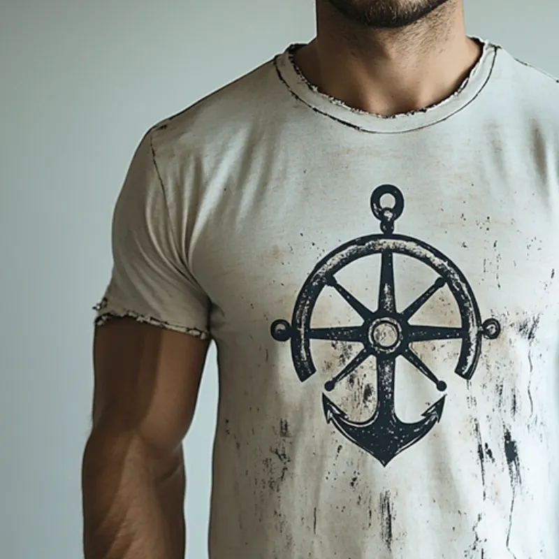 Men's Retro Nautical Anchor Print Casual Ripped Round Neck Short Sleeve T-Shirt 41928951TO sold by Manly product image thumbnail 3