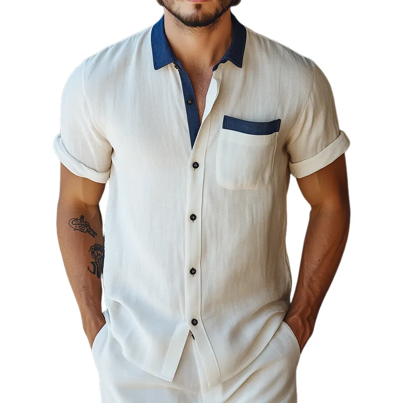 Men's Retro Casual Linen Colorblock Simple Lapel Pocket Short Sleeve Shirt 77926811TO sold by Manly