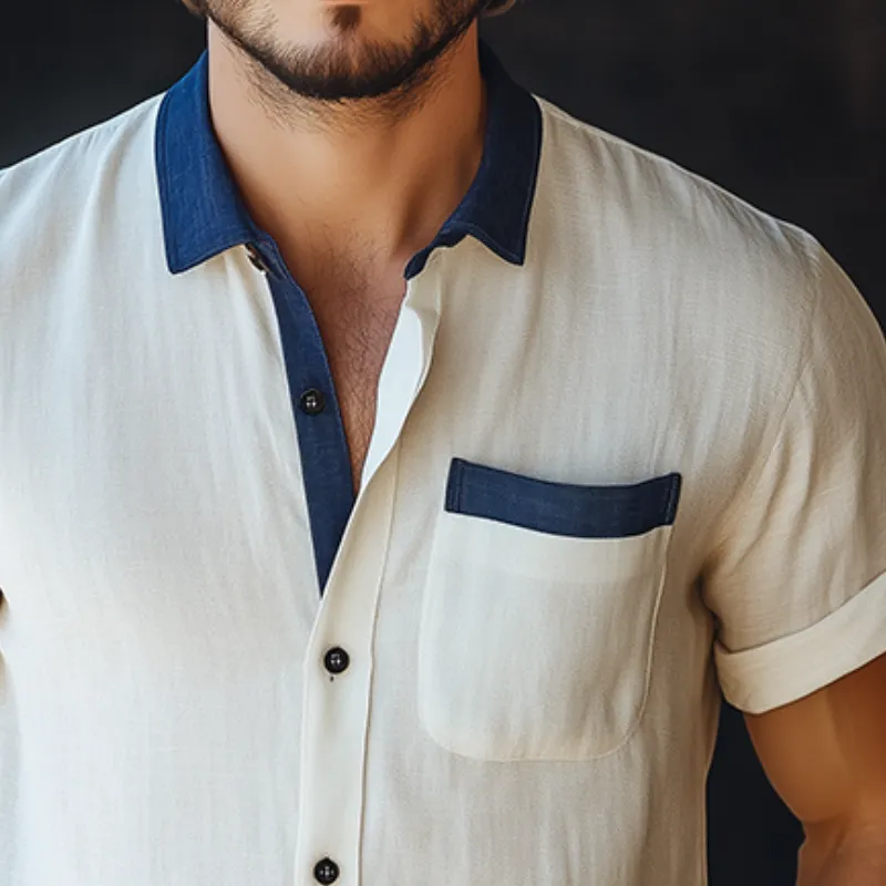 Men's Retro Casual Linen Colorblock Simple Lapel Pocket Short Sleeve Shirt 77926811TO sold by Manly product image thumbnail 3
