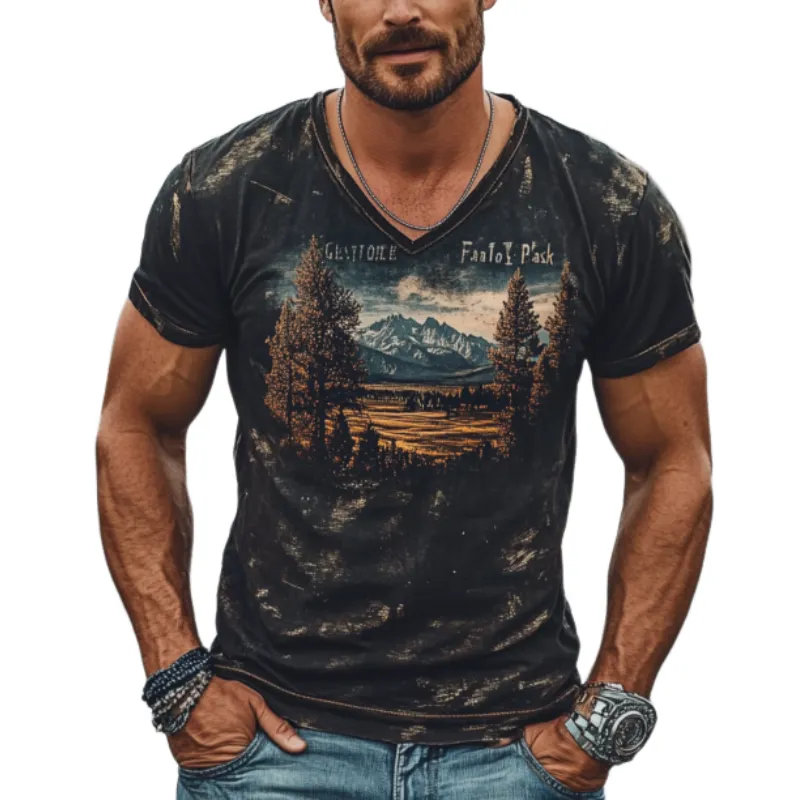 Men's Casual American Retro Yellowstone Park Series Printed Cotton T-Shirt 19046609K sold by Manly
