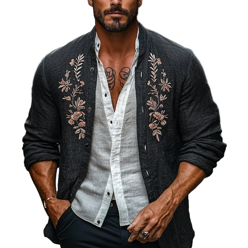 Men's Cotton and Linen Vintage Embroidered Cardigan Jacket 24065076X sold by Manly