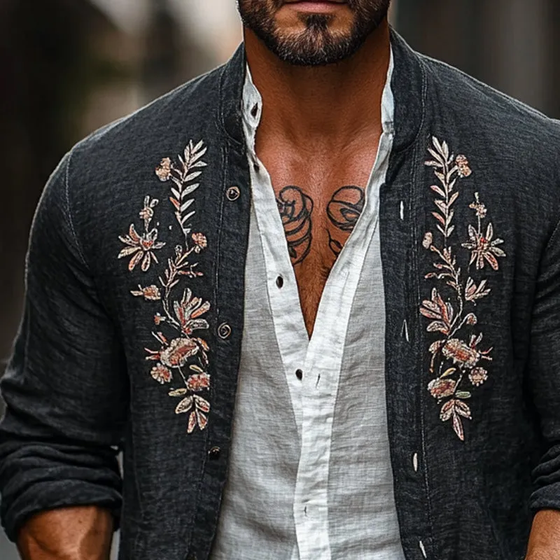 Men's Cotton and Linen Vintage Embroidered Cardigan Jacket 24065076X sold by Manly product image thumbnail 3