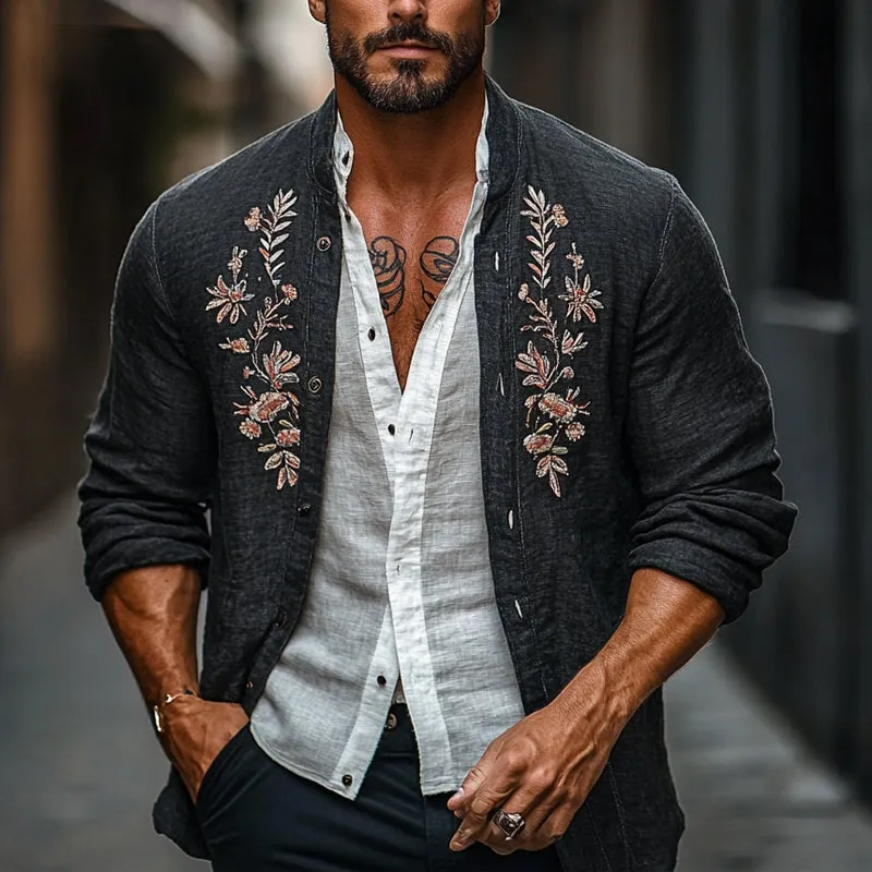 Men's Cotton and Linen Vintage Embroidered Cardigan Jacket 24065076X sold by Manly product image thumbnail 2