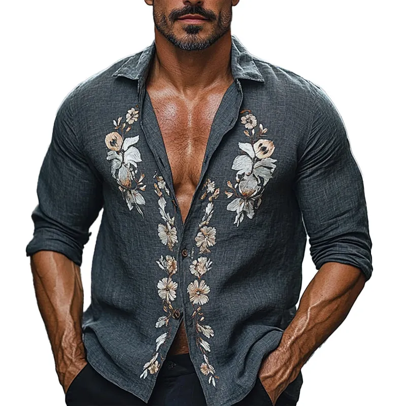 Men's Vintage Floral Embroidered Long Sleeve Shirt 76097783X sold by Manly