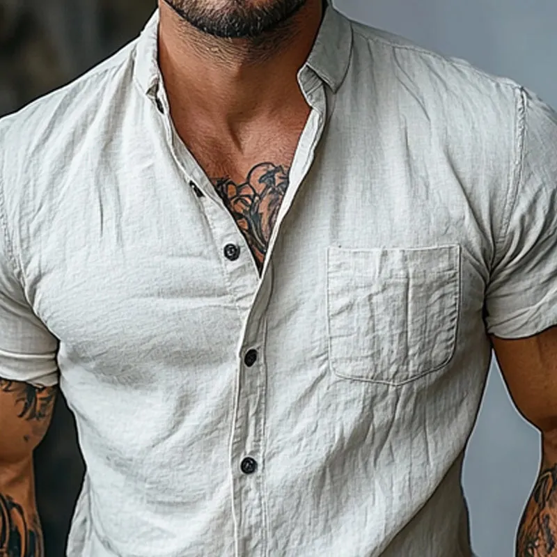 Men's Cotton Solid Color Lapel Short Sleeve Shirt 98471013X sold by Manly product image thumbnail 3