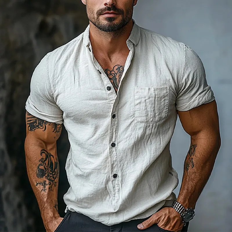 Men's Cotton Solid Color Lapel Short Sleeve Shirt 98471013X sold by Manly product image thumbnail 2