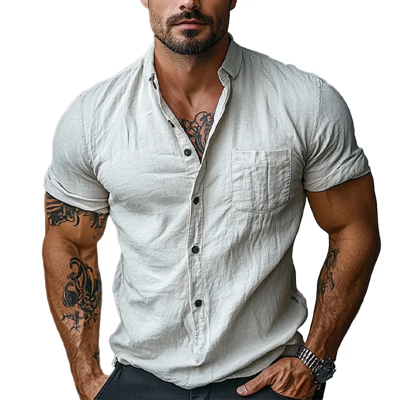 Men's Cotton Solid Color Lapel Short Sleeve Shirt 98471013X sold by Manly