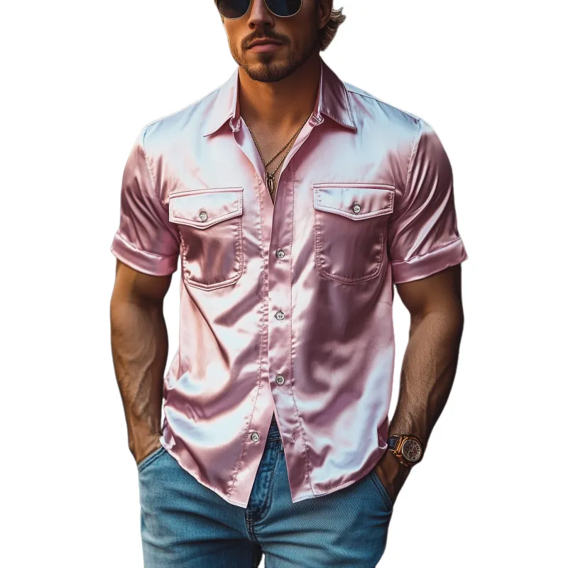 Men's Spring Fashion Casual Satin Shiny Fabric Short Sleeve Shirt 06753390K sold by Manly