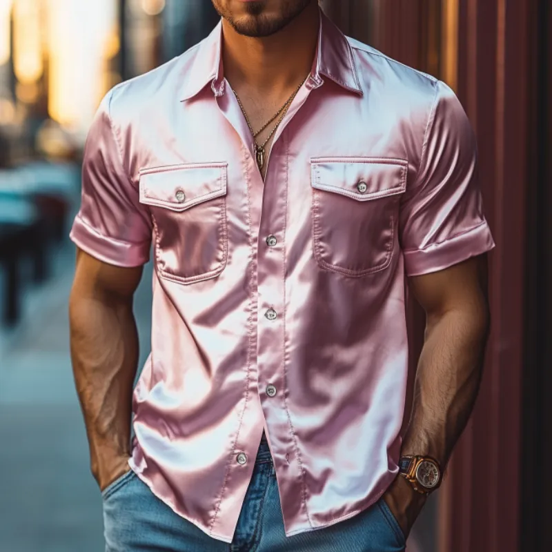 Men's Spring Fashion Casual Satin Shiny Fabric Short Sleeve Shirt 06753390K sold by Manly product image thumbnail 3