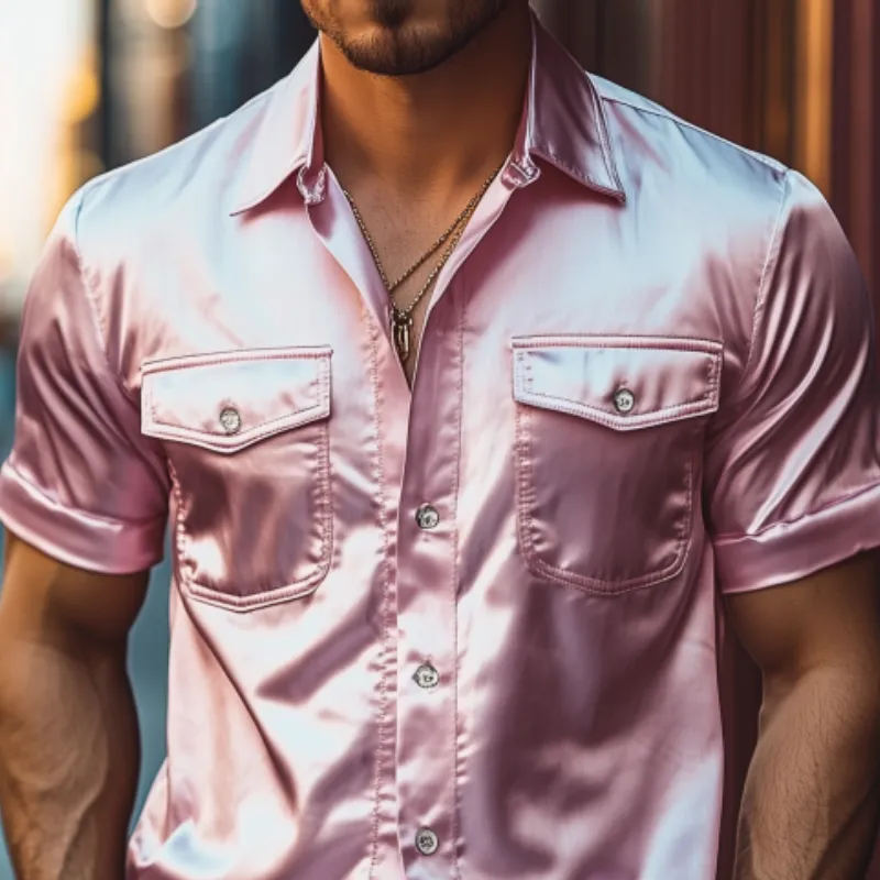 Men's Spring Fashion Casual Satin Shiny Fabric Short Sleeve Shirt 06753390K sold by Manly product image thumbnail 4