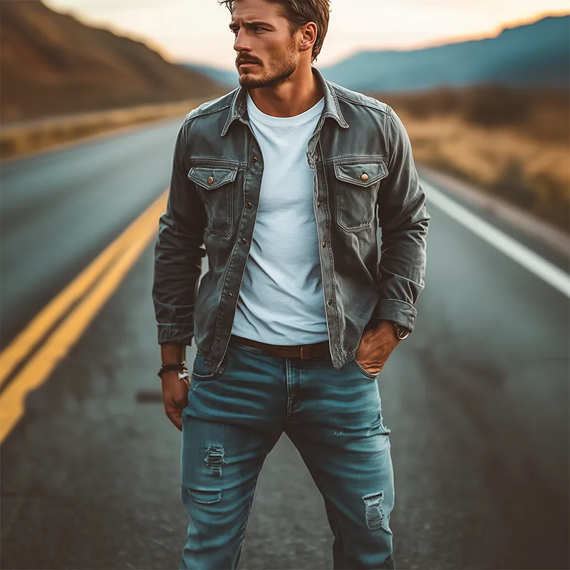 Men's Classic American Retro Casual Workwear Washed Long-sleeved Shirt 18967666K sold by Manly product image thumbnail 2