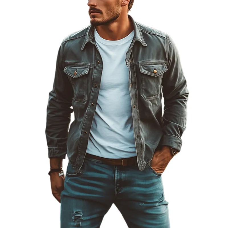 Men's Classic American Retro Casual Workwear Washed Long-sleeved Shirt 18967666K sold by Manly