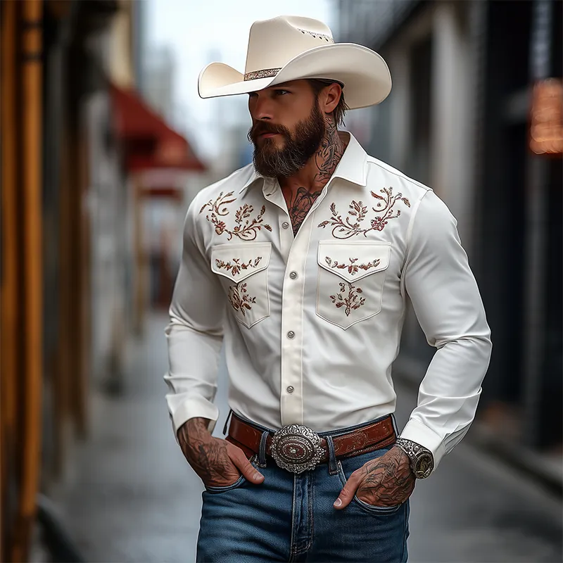 Men's Classic American Western Style Embroidered Slim Fit Cotton Long Sleeve Shirt 98153445K sold by Manly product image thumbnail 2