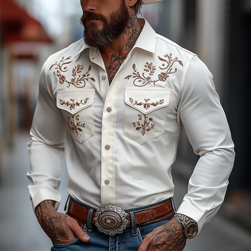 Men's Classic American Western Style Embroidered Slim Fit Cotton Long Sleeve Shirt 98153445K sold by Manly product image thumbnail 3