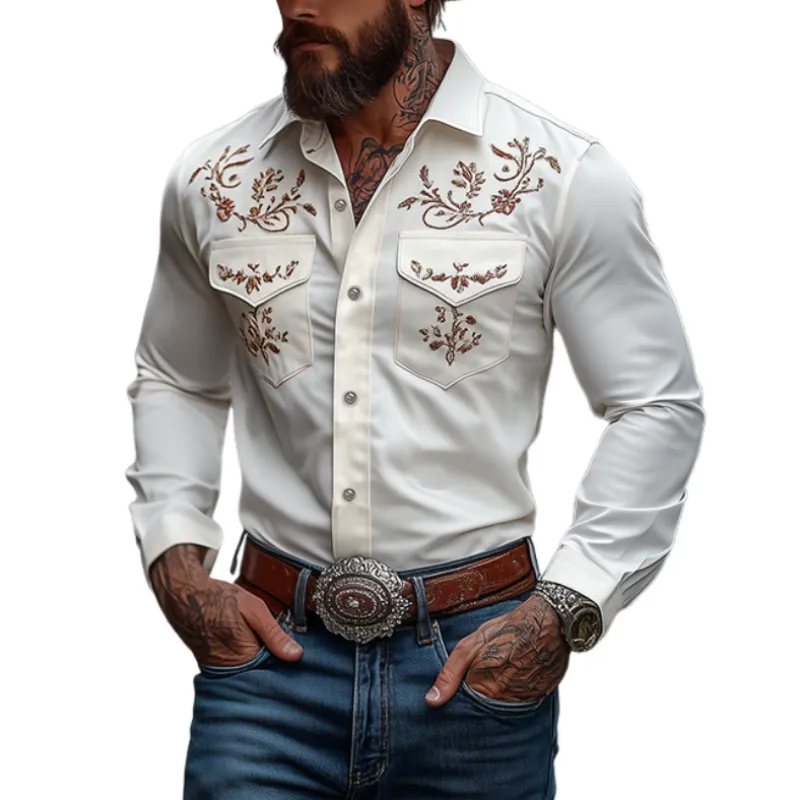 Men's Classic American Western Style Embroidered Slim Fit Cotton Long Sleeve Shirt 98153445K sold by Manly