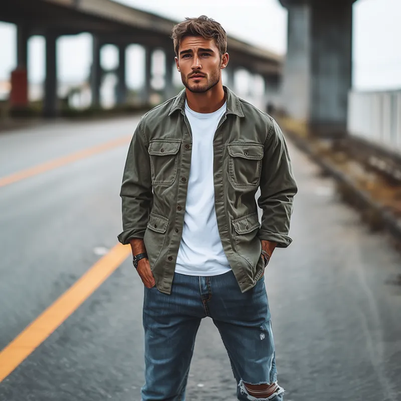 Men's Classic Retro Casual Workwear Washed Multi-Pocket Jacket 89977687K sold by Manly product image thumbnail 2