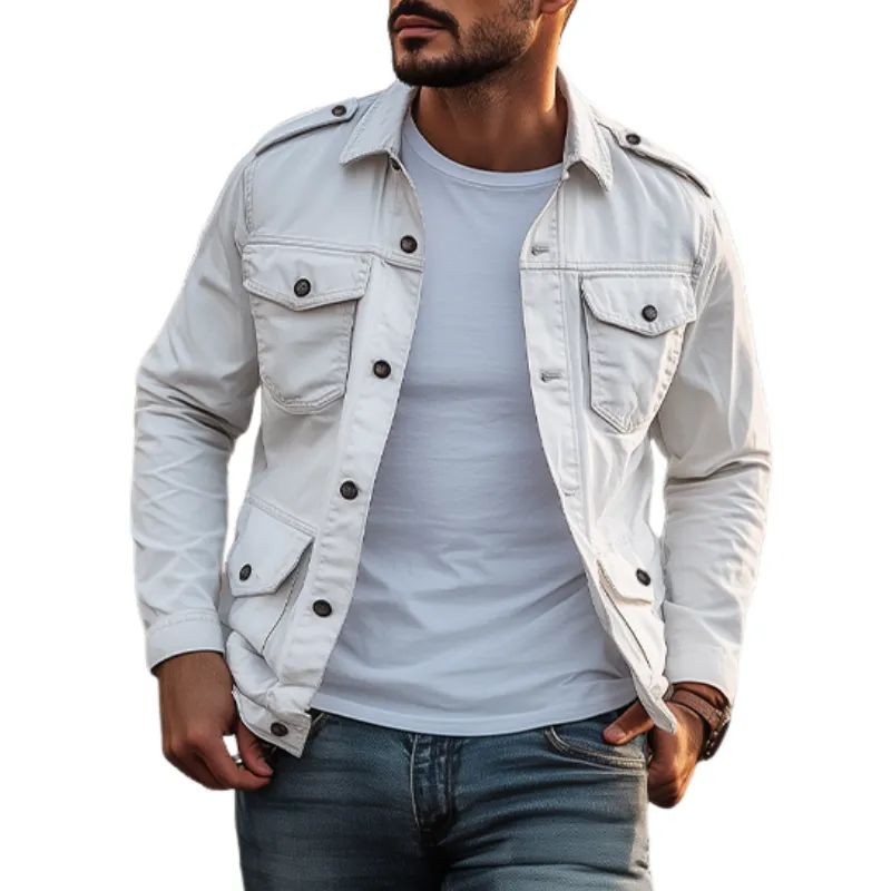 Men's Classic Casual Workwear Washed Multi-pocket Epaulette Jacket 79056581K sold by Manly