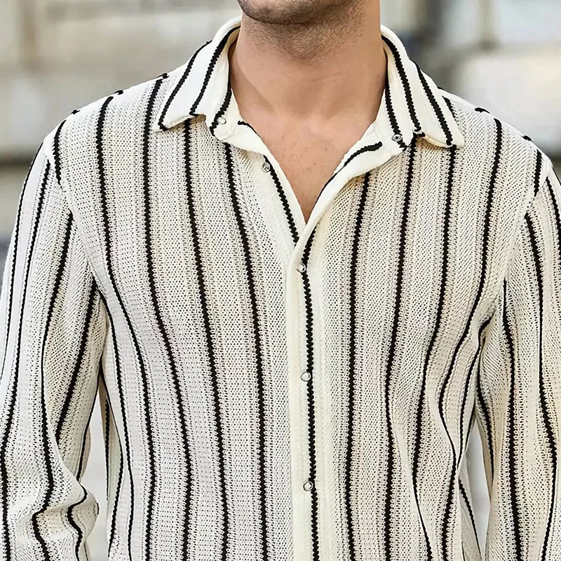 Men's Casual Breathable Vertical Striped Knitted Long-sleeved Shirt 41564129U sold by Manly product image thumbnail 3