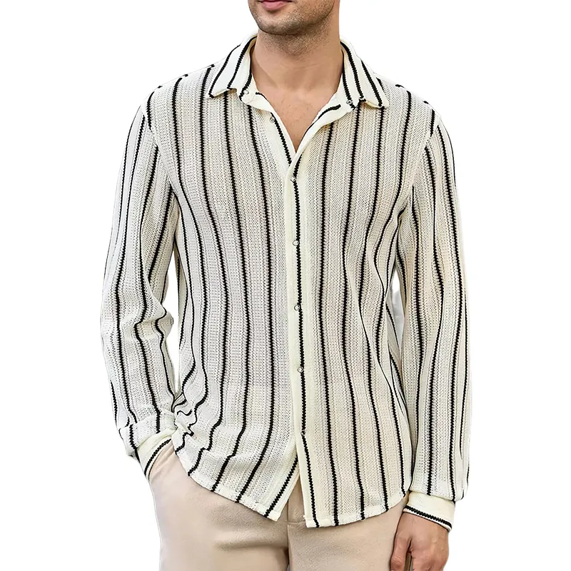 Men's Casual Breathable Vertical Striped Knitted Long-sleeved Shirt 41564129U sold by Manly