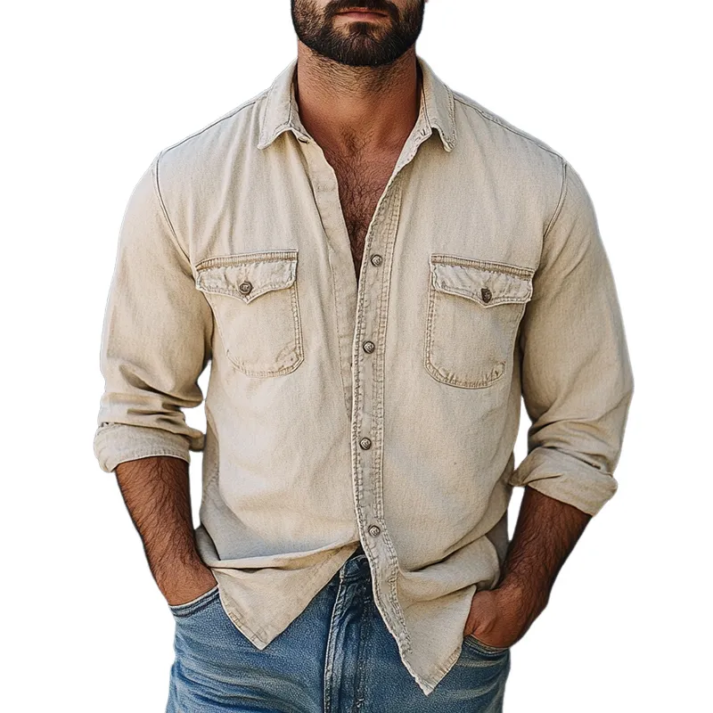 Men's Vintage Khaki Washed Denim Long Sleeve Shirt 09824833U sold by Manly