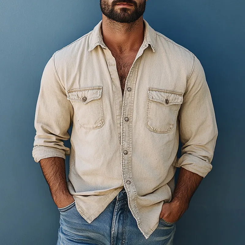 Men's Vintage Khaki Washed Denim Long Sleeve Shirt 09824833U sold by Manly product image thumbnail 2