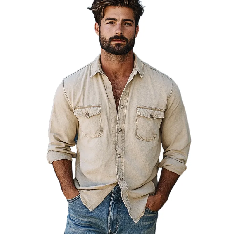 Men's Vintage Khaki Washed Denim Long Sleeve Shirt 09824833U sold by Manly product image thumbnail 3