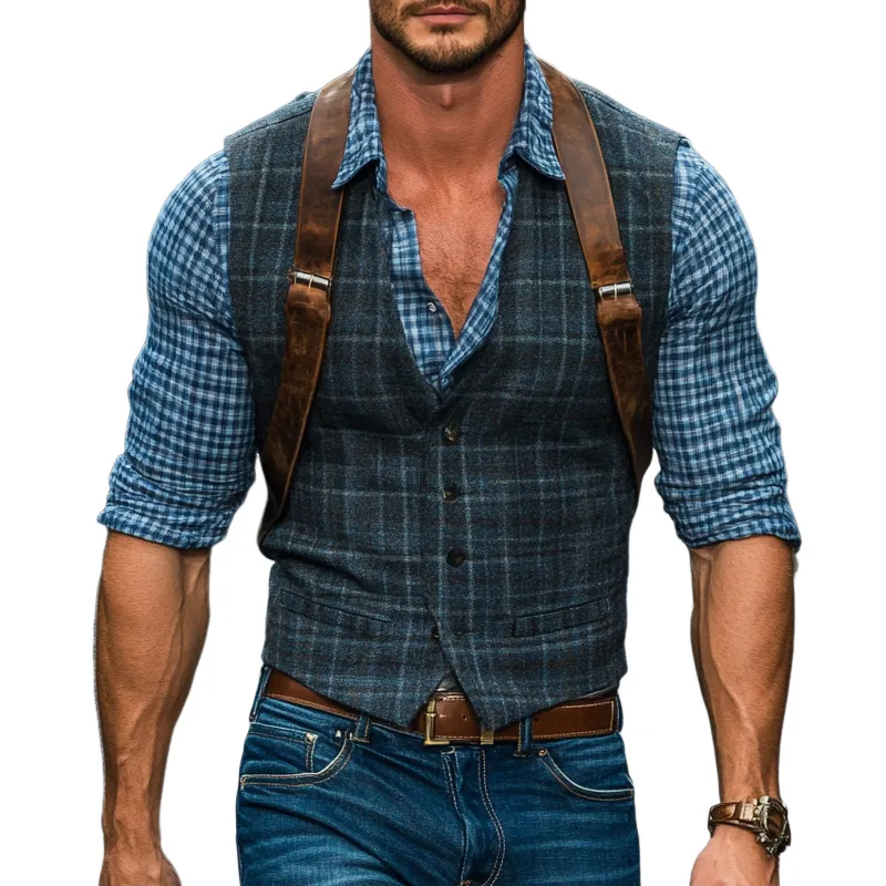 Men's Vintage Plaid Blended V-Neck Slim Vest 43513686U sold by Manly