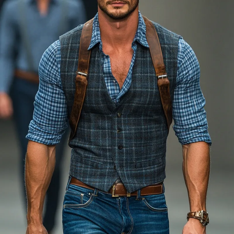 Men's Vintage Plaid Blended V-Neck Slim Vest 43513686U sold by Manly product image thumbnail 2