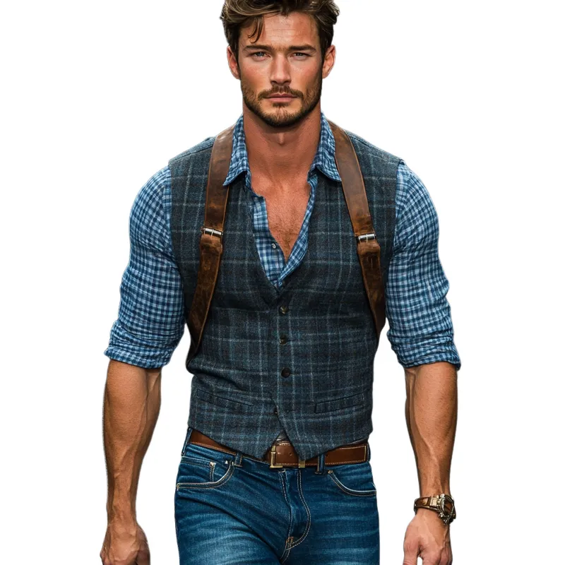 Men's Vintage Plaid Blended V-Neck Slim Vest 43513686U sold by Manly product image thumbnail 3